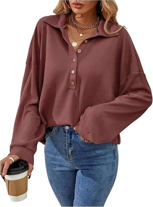 SweatyRocks Women's Waffle Knit Tops Collar Long Sleeve Casual Loose Half Button Shirts Fall Tren... | Amazon (US)