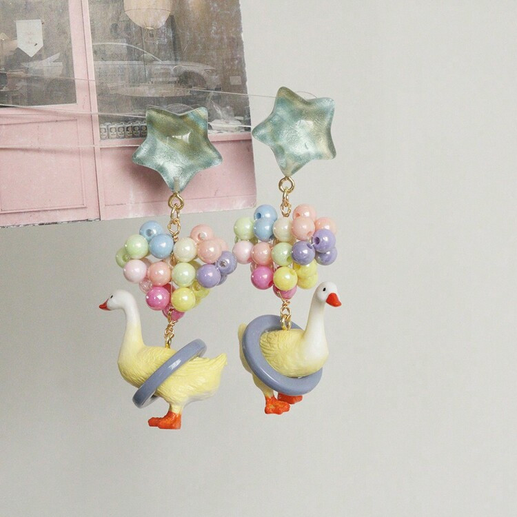 1pair Exaggerated Cute Big Swan & Heart Beaded Dopamine Charm Earrings, Suitable For Women Holiday & Outdoor Wear | SHEIN