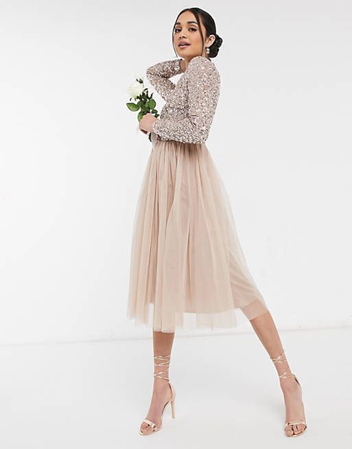 Maya Bridesmaid long sleeve midi tulle dress with tonal delicate sequin in taupe blush | ASOS (Global)