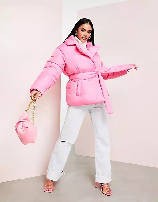 ASOS LUXE wrap puffer coat in hot pink | ASOS (Global)