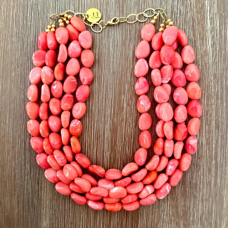 coral jewelry peach statement necklace  birthstone coral bib necklace beaded necklace statement j... | Etsy (Global)