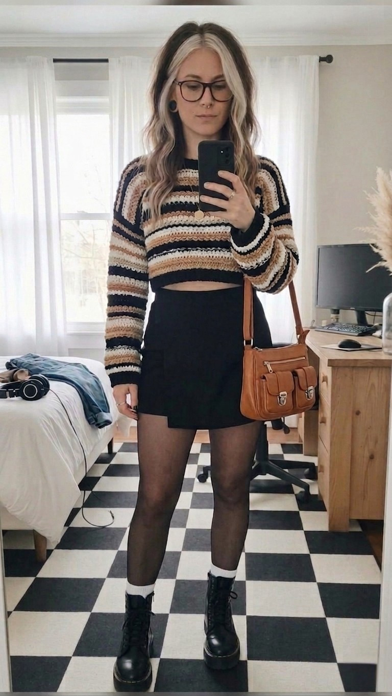 Cozy meets edgy with this perfectly layered look! 🍂 This cropped, multi-colored striped sweater is a total texture dream—pair it with a sleek black mini and sheer tights for that effortless cool-girl aesthetic. These platform combat boots are a closet staple and look so cute with a little peek of white socks.

Everything is linked below! Don't forget to follow for more daily outfit inspo.

#LTKSeasonal #LTKMidsize #LTKootd