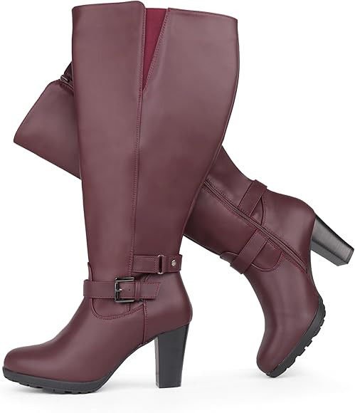 Chicblooms Damen-Stiefel in Übergröße, extra weiter Schaft, hoher Absatz, mit Knöchelschnalle | Amazon (DE)