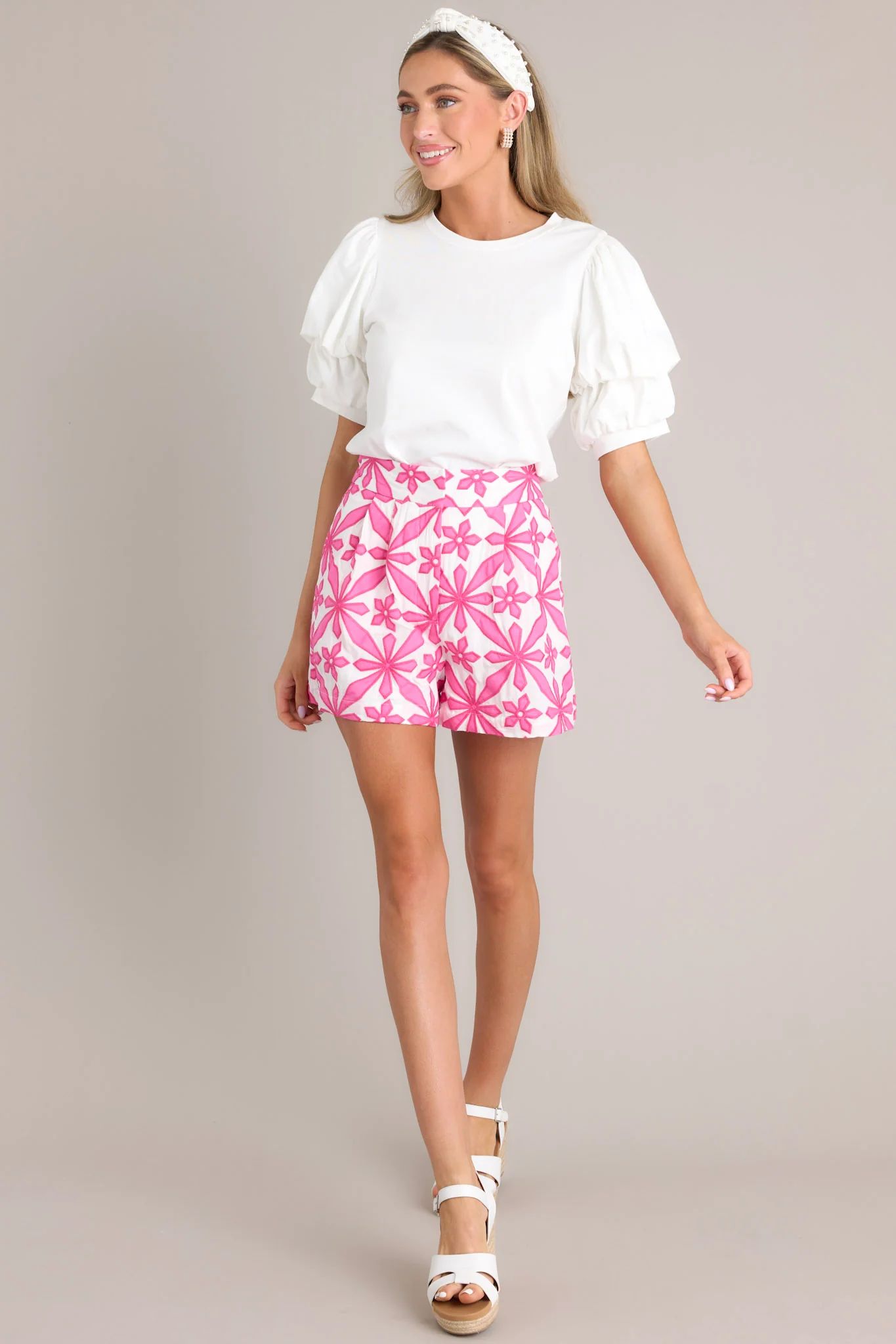 Petal Prism Pink Geometric Floral Embroidered Shorts | Red Dress
