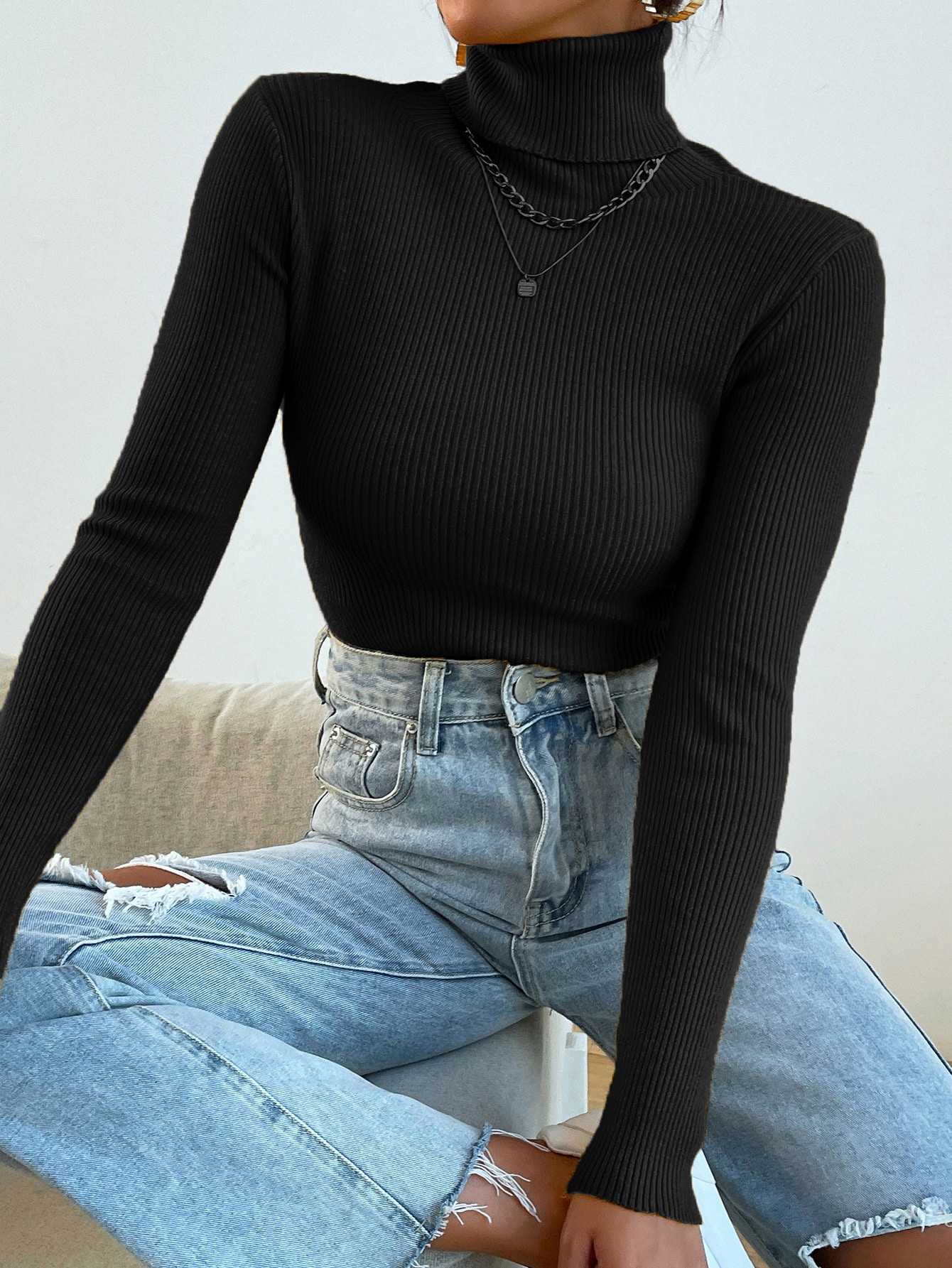 SHEIN Mulvari Turtleneck Ribbed Knit Sweater Without Necklace | SHEIN