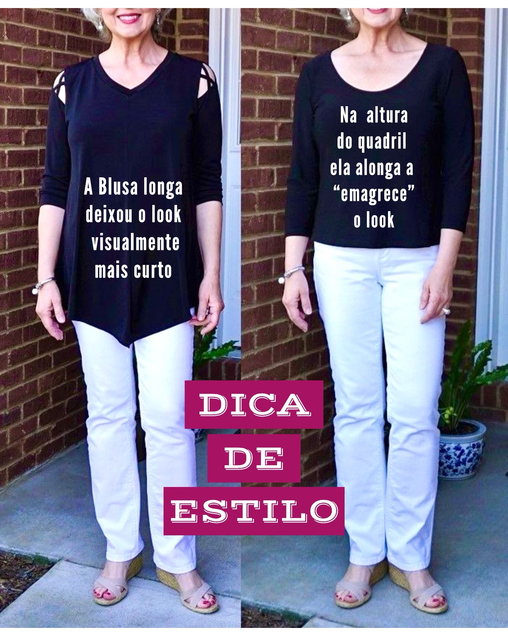 Para parecer “mais alta”, prefira as blusas  na altura do quadril, pois elas alongam as. pernas e por isso deixam a silhueta visualmente mais equilibrada.
