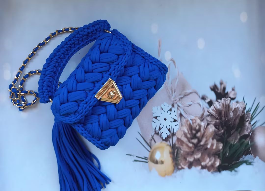 Crochet Bag, Capri Luxury Bag, Gold Chain Handbag,Capri Bag, Hand Woven Crossbody Bag, Cotton Yar... | Etsy (US)