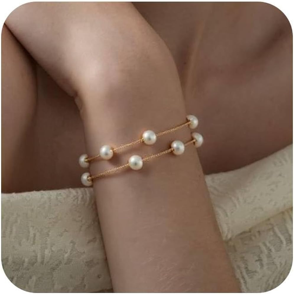 Gold Pearl Bracelets for Women Trendy 18K Gold Plated Bracelets Dainty Pearls Beaded Chain Charm ... | Amazon (US)