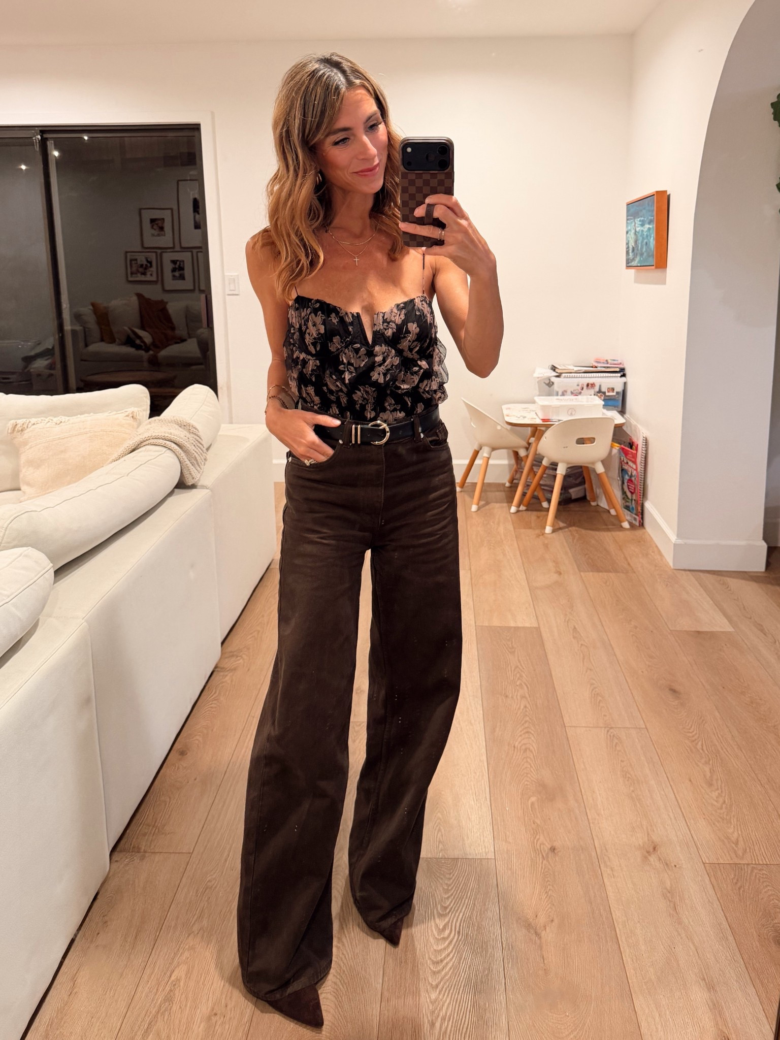 The night before Thanksgiving! 
Brown denim, brown pants, brown jeans, brown boots, black belt

#LTKootd #LTKOver40 #LTKselfcare