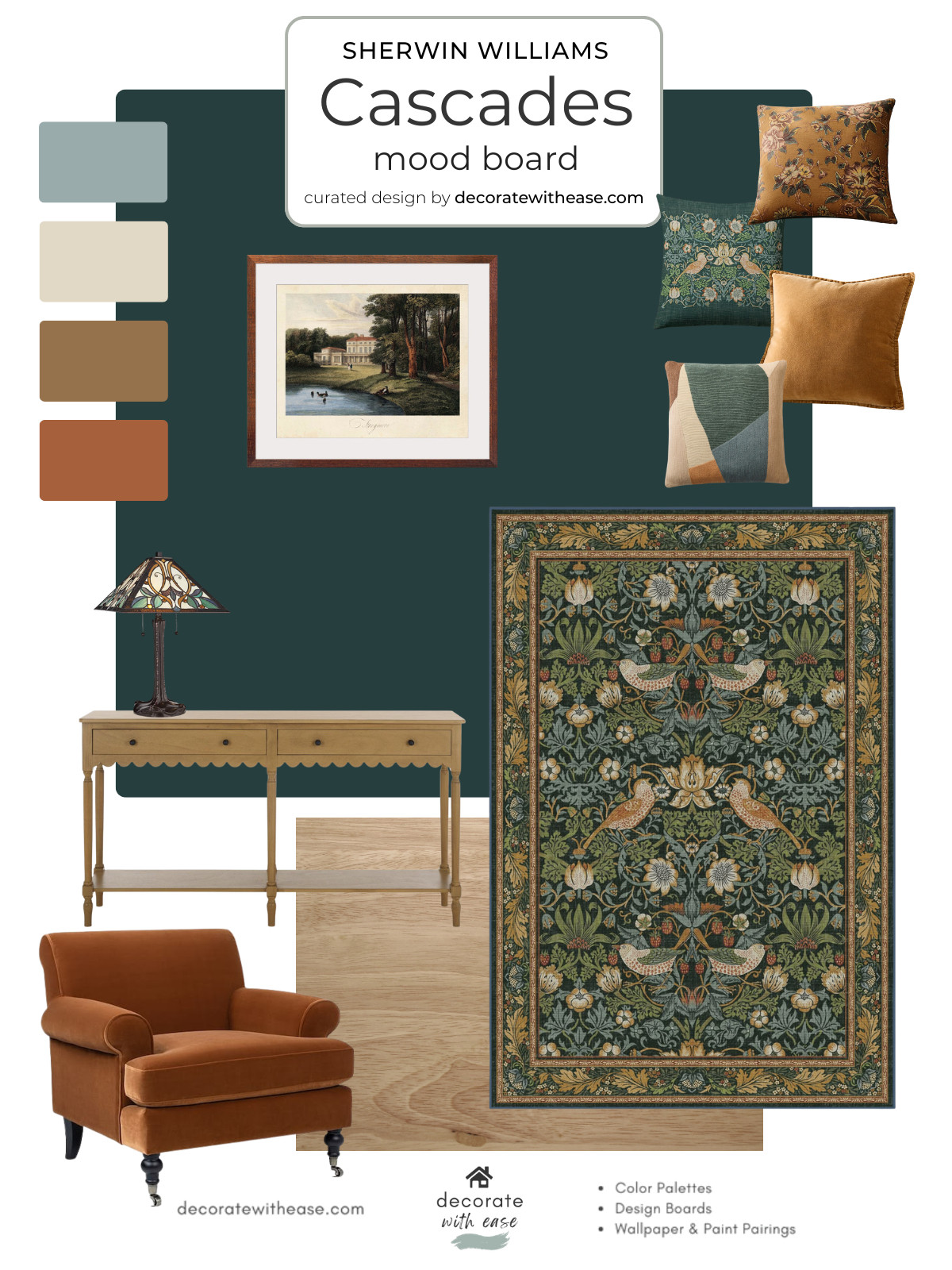 Dark teal paint makes a cozy living room. Accent with russet, caramel, cream, and soft blue for a timeless look.  

 #LTKHome #LTKSaleAlert