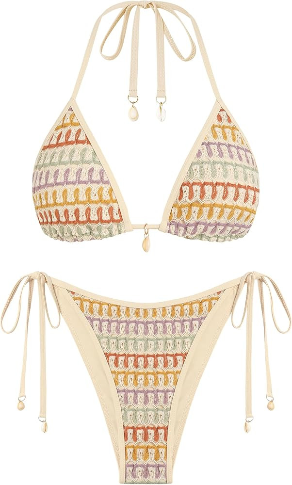 ZAFUL Women's Colorblock Stripes Triangle Halter Tied Cheeky Thong Bikini Set High Cut Two Piece ... | Amazon (US)