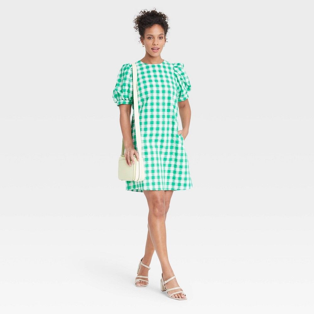 Women's Gingham Puff Short Sleeve Dress - A New Day Green XS | Target