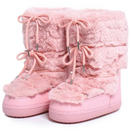 ZHENAIYISHENG Faux Fur Boots for Women - Fuzzy Fluffy Furry Water Resistant Snow Boots for Women - Anti-Slip with Cotton Sponge Lined and TPR Rubber Sole Black White Fur Boots pink, 8, 9 | Amazon (US)