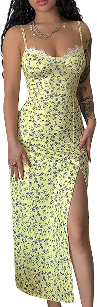 Women Y2k Floral Print Dress Spaghetti Strap Backless Maxi Dress Sexy Sleeveless Split Cocktail D... | Amazon (US)