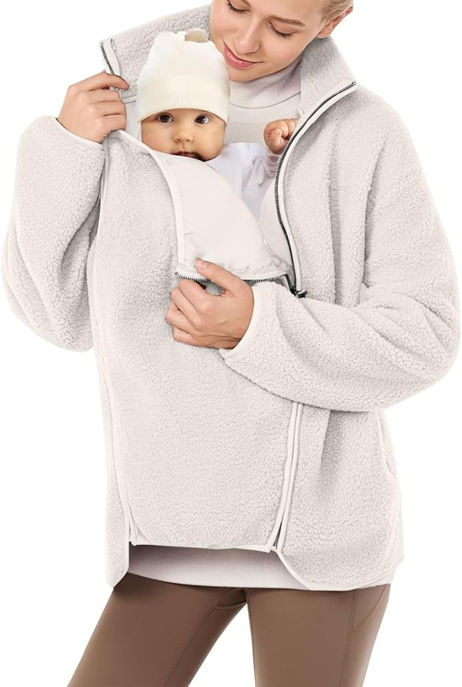 Women's Fleece Jacket with Baby Carrier Pocket, Warm Maternity Coat for Mom, Zip up 2-in-1 Baby W... | Amazon (US)