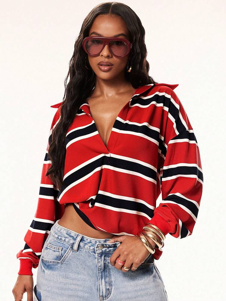 Denimoi Oversized Polo Top Fashion Tops Summer Vacation Fashionable Streetwear Collared Top | SHEIN