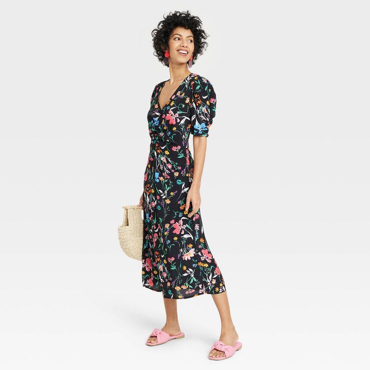 Women's Puff Short Sleeve Ruched A-Line Dress - A New Day™ Black Floral | Target