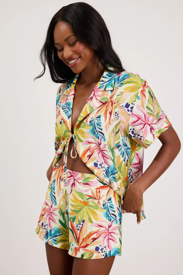 Talise Ivory Multi Tropical Print High-Rise Shorts | Lulus