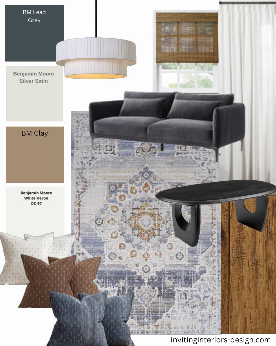 Modern elements make up this coordinated space. 
Why this works. Floors are not always the first option for change. This allows you to mix a cooler palette with warm floors. the key is to always tie the decor back to the floor colour. This would also work marvellously with a grey floor. 

#warmfloor #woodfloor #woodgrain #patina #texture #bambooblinds #coffeetable #sofa #couch #drapery #curtains #rugs #arearugs #tosscushions #throwcushions #livingroom #ceilinglights #minimalist #roomdecor #adultdecor #newapartment #newlyweds #bluedecor #bluerug #paintcolours #colourpalette #moodboard #styleboard #wayfair #amazon #warmcool 
 

 #LTKhome #LTKmodest #LTKstyletip