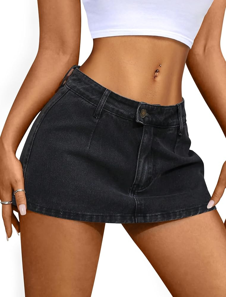IWD Denim Mini Skirt for Women Low Waisted Jean Micro Skort with Shorts Stretch Casual Jean Skirt | Amazon (US)