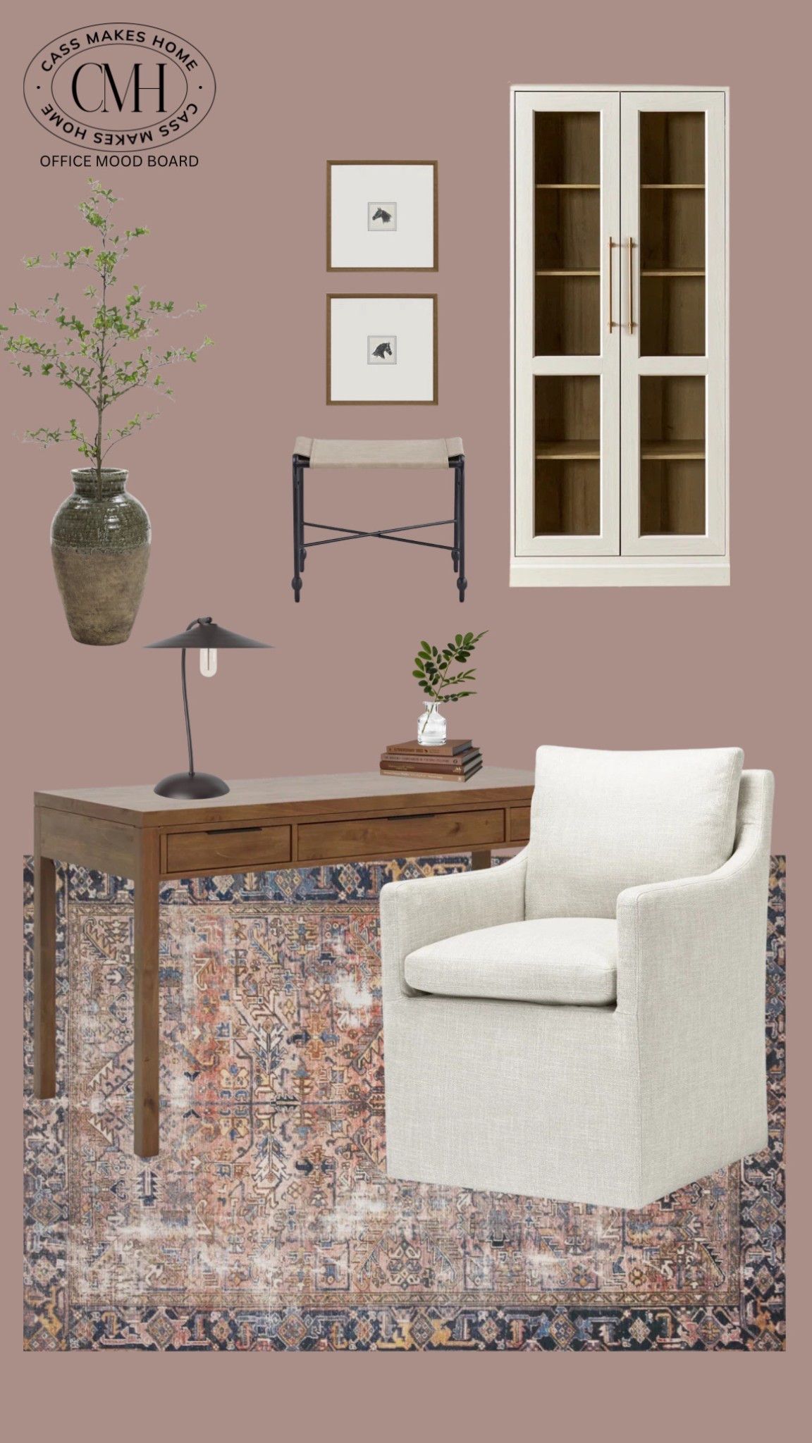 You guys, I’m not kidding when I say that this rug goes in every room. It’s one of my favorite rugs ever. The colors, the style, it’s just perfect. It’s just the right amount of everything. Here’s an example of it in an office mood board! This paint color is sulking room pink by farrow & ball. I found this upholstered dining chair and thought this is a perfect desk chair! It is way more comfortable looking than most office chairs are. I love a simple modern desk. These glass cabinets can be used as functional storage and even combined with multiple to create an entire wall of cabinetry! Or even flank either sides of the desk against a wall to fill up a whole wall with cabinetry.


#LTKHome #LTKStyleTip #LTKSaleAlert