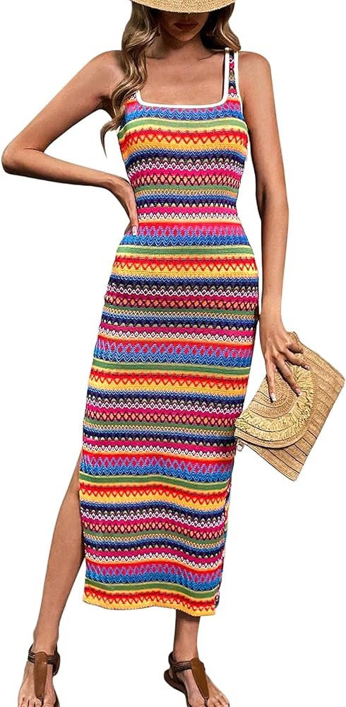 Pretty Garden Womens 2024 Summer Fitted Tight Square Neck Beach Sundress | Amazon (US)