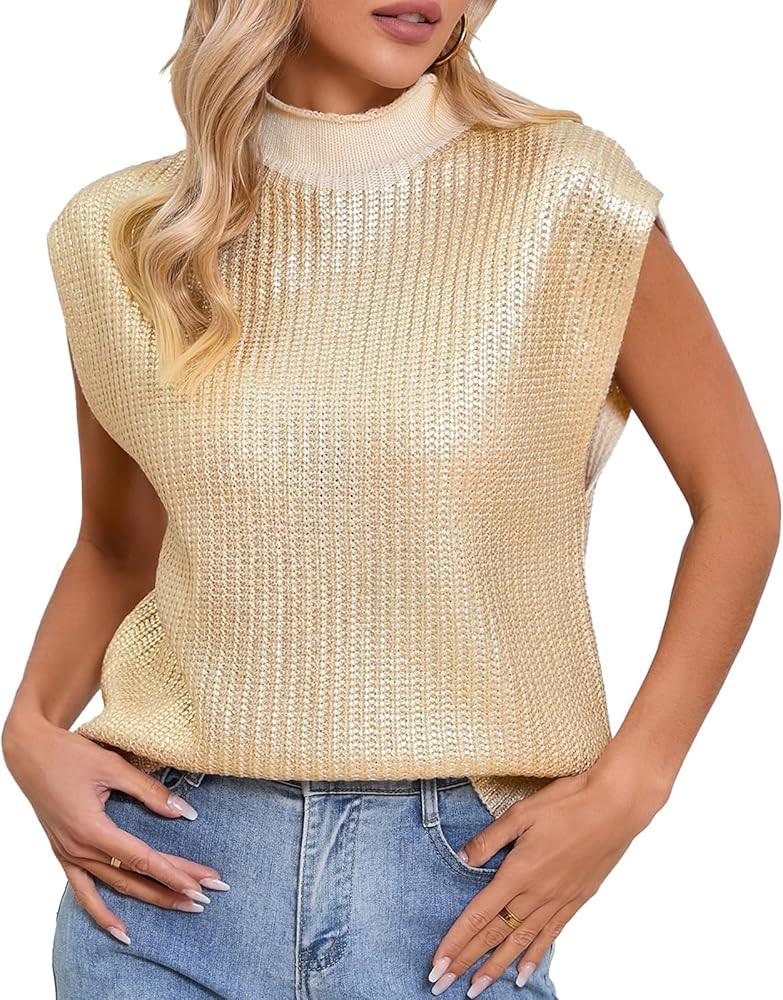 Ladyful Women's Sweater Vest Metallic Sleeveless Glitter Tops Mock Neck Loose Fit Knit Pullover | Amazon (US)