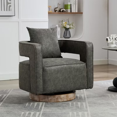 29.1'' Faux Leather Swivel Open Back Barrel Accent Chair with Weathered Solid Wood Base, Comfy Cushion and Pillow Included | Target