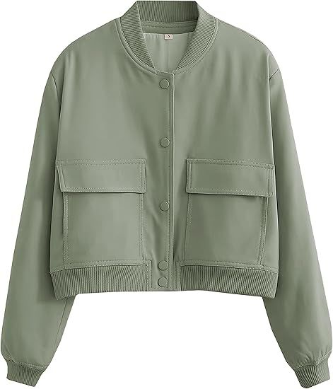 Faleave Women's Cropped Bomber Jacket Casual Street Button Down Varsity Jacket with Two Big Pocke... | Amazon (US)