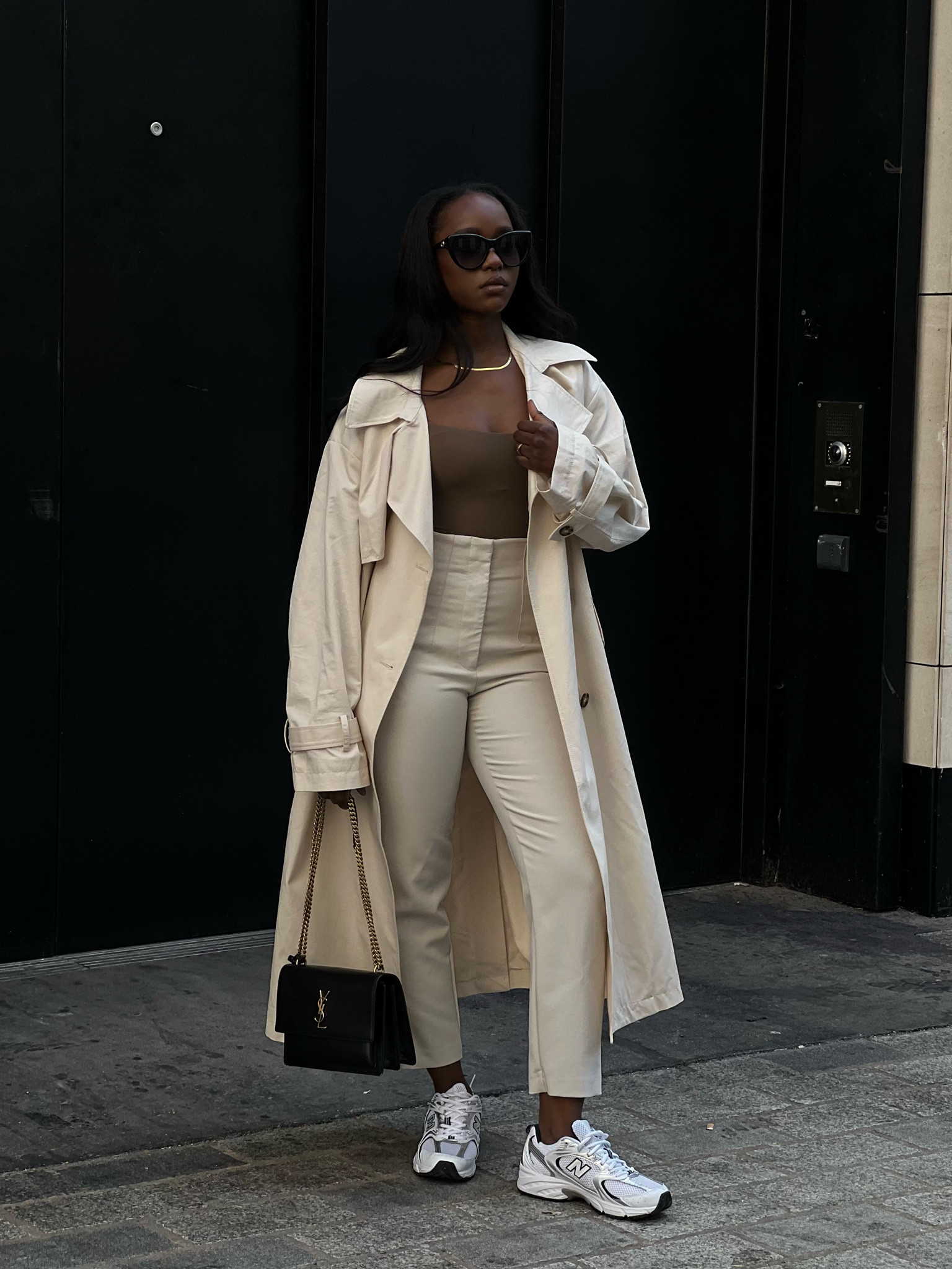 Neutrals, trench coat, New Balance trainers, YSL bag, comfy style, autumnal fashion, transitional style, beige trousers, beige trench coat, gold accessories 

#LTKstyletip #LTKSeasonal #LTKeurope