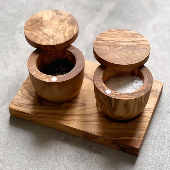 Olive Wood 3 Piece Pot and Stand Set  Salt Pig  Pepper Pot  | Etsy | Etsy (US)