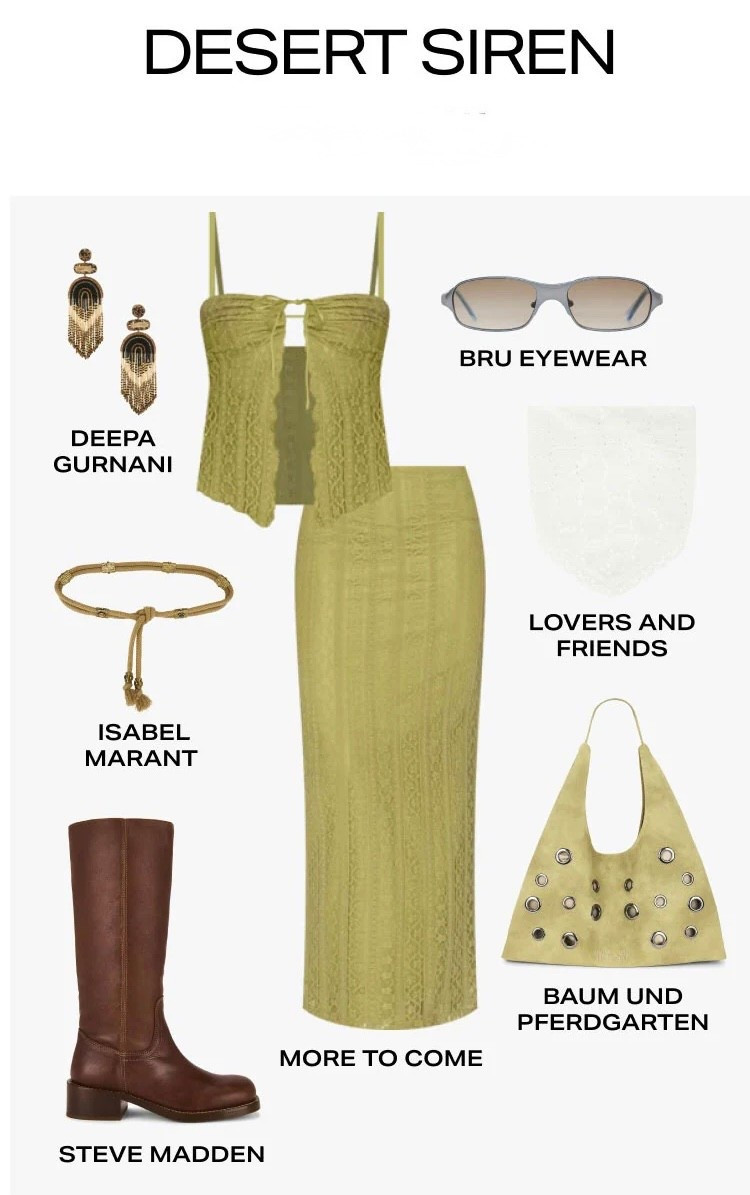 festival desert siren energy 🌵✨
earthy tones, textured sets, statement jewelry, western boots, bold + feminine vibes, music festival outfits, effortless edge, sun-soaked style.

#festivalstyle #coachellaoutfits #desertstyle #bohofashion #westernstyle #festivaloutfits #outfitinspo #earthtones #statementstyle #summerstyle

#LTKootd #LTKTravel #LTKFestival