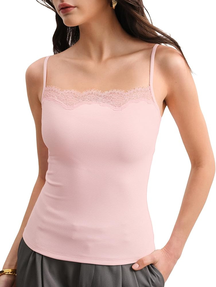 Women's Built in Bra Lace Camisole Adjustable Spaghetti Straps Tank Tops Double Lined Sleeveless ... | Amazon (US)