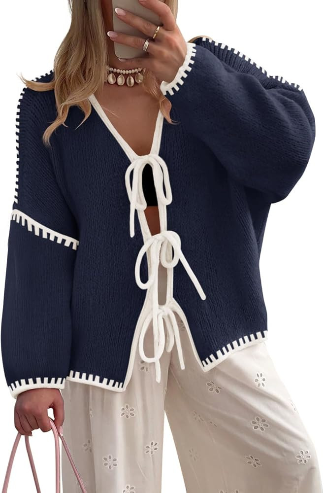 ZESICA Crdigans for Women Trendy 2026 Tie Front Bow Sweaters Casual Long Sleeve Winter Clothing C... | Amazon (US)