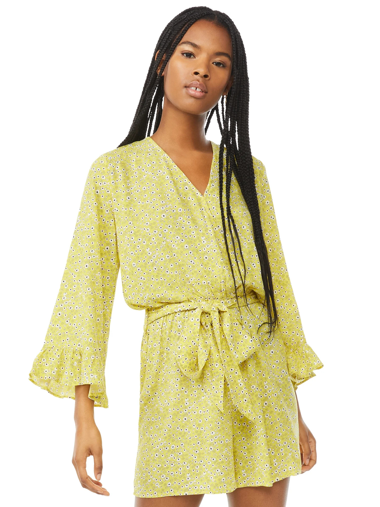 Scoop Women's Tie Waist Romper with Ruffle Sleeves | Walmart (US)