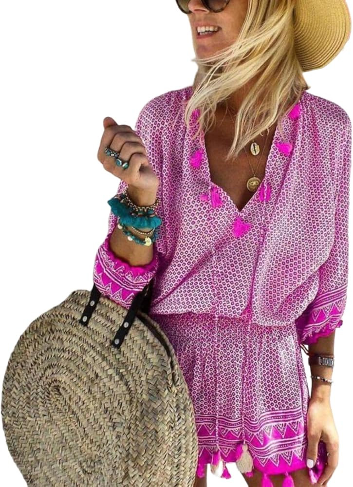 Women's Summer Bohemian Floral Dresses Casual Tassel V Neck Elastic Waist 3/4 Sleeve Mini Sun Dre... | Amazon (US)