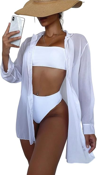 SHENHE Women's Sheer Button Up Long Sleeve Beach Kimono Cover Up Shirt Sun Dresses | Amazon (US)