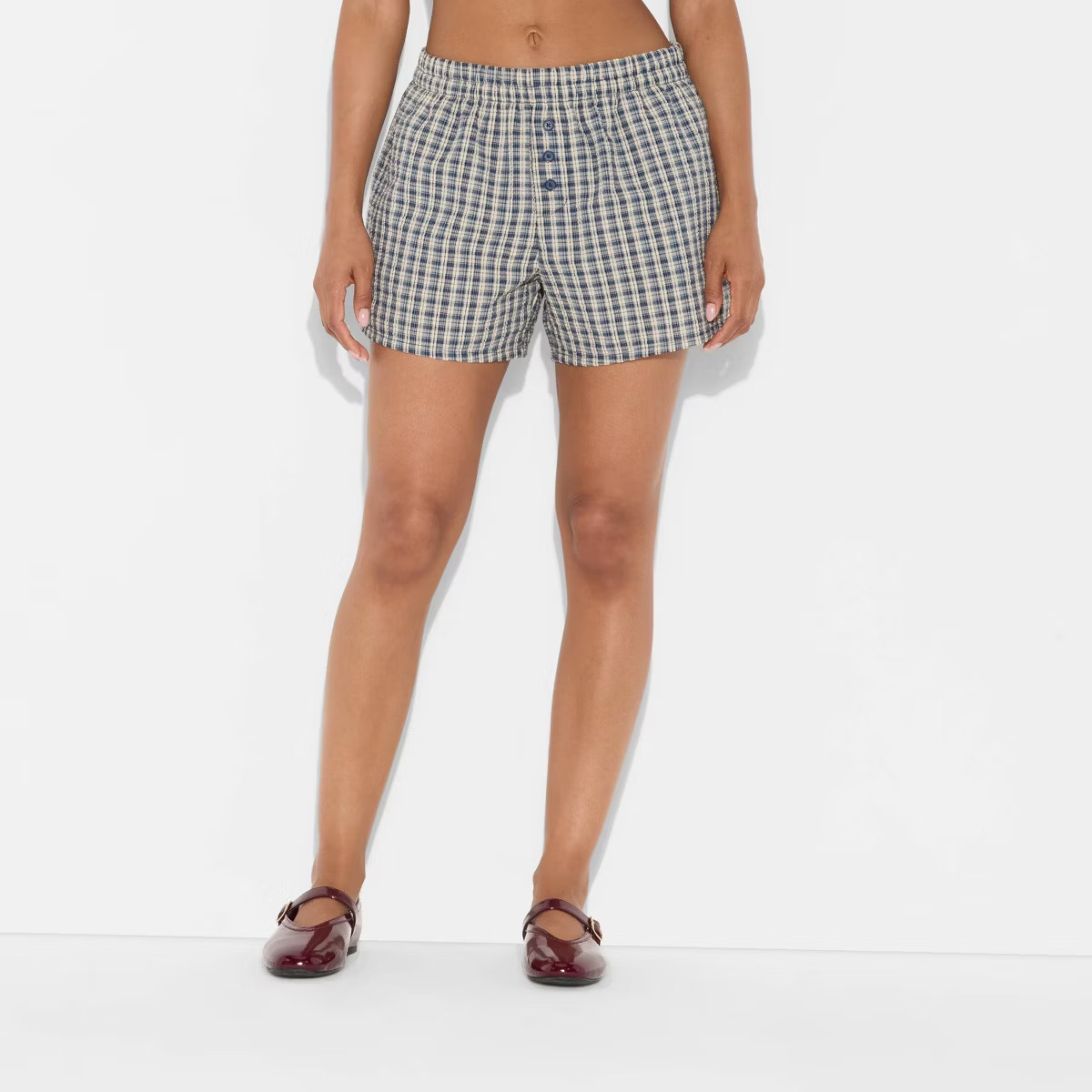 Women's Seersucker Plaid Flannel Boxer Shorts - Navy Blue | Target