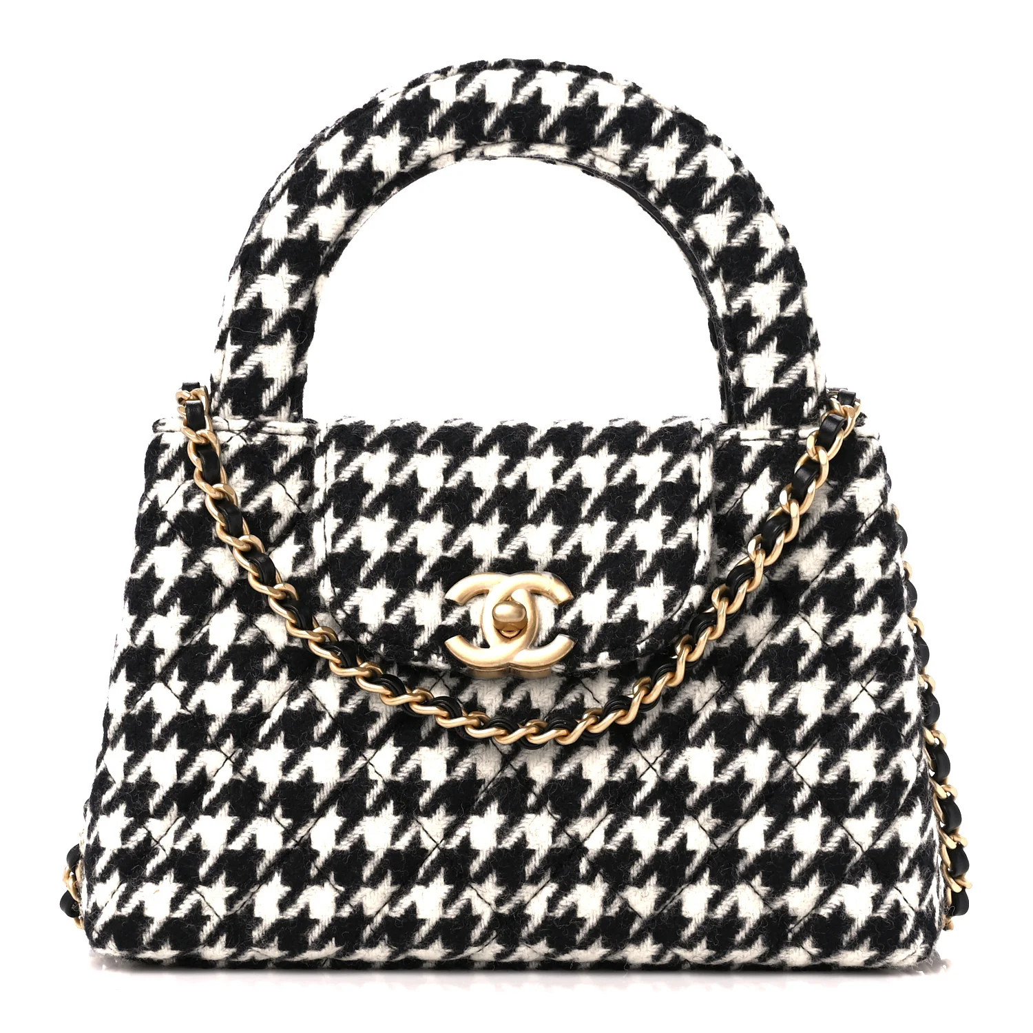 Tweed Houndstooth Quilted Nano Kelly Shopper Black White | FASHIONPHILE (US)