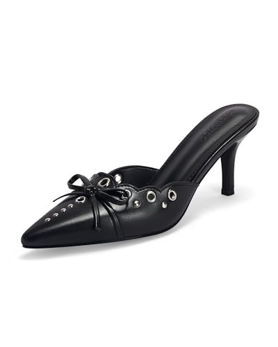 Coutgo Women's Bow Tie Mule Heels Pointed Toe Studded Backless Stilettos Slip On Dress Pump Shoes，Cool Black, Size 8.5 | Amazon (US)