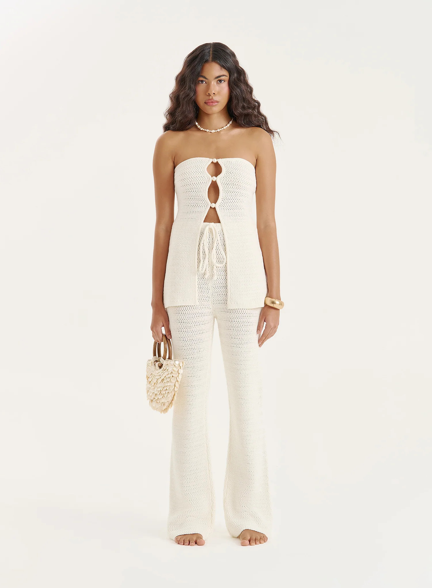 Cream Knitted Pearl Trim Tie Waisted Trouser- Gigi | 4th & Reckless