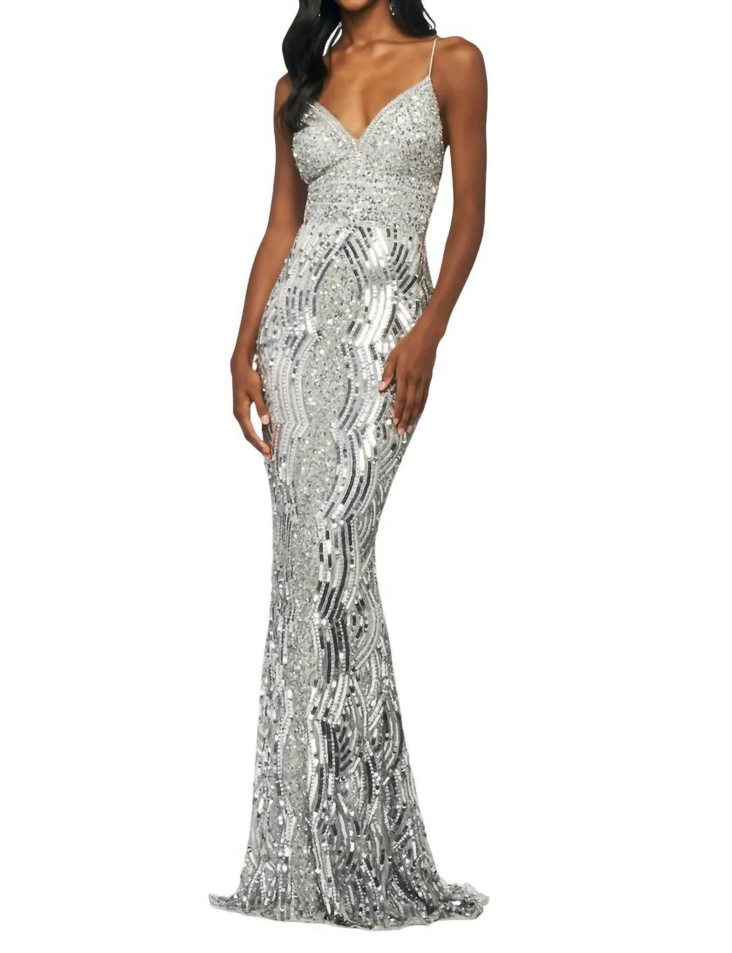 Sequin Beaded Column Prom Dress In Silver | Shop Simon