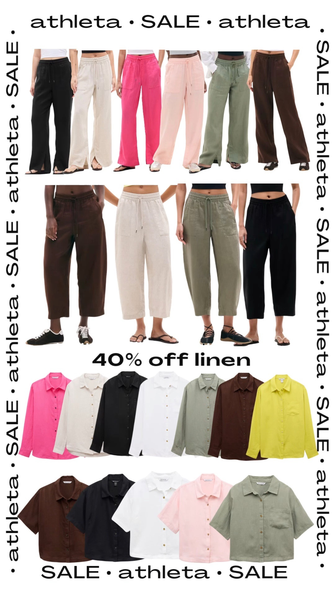 Ahhh! Athleta keeps surprising us! They are having a linen sale with 40% off most of their linen. Their cute new Barrel pant is included. THEEE retreat linen pants are less than $60! All colors are on sale, including the chocolate brown and the hot pink. Huge sell out risk. At this price they are going to go so fast.

#LTKgrwm #LTKSaleAlert