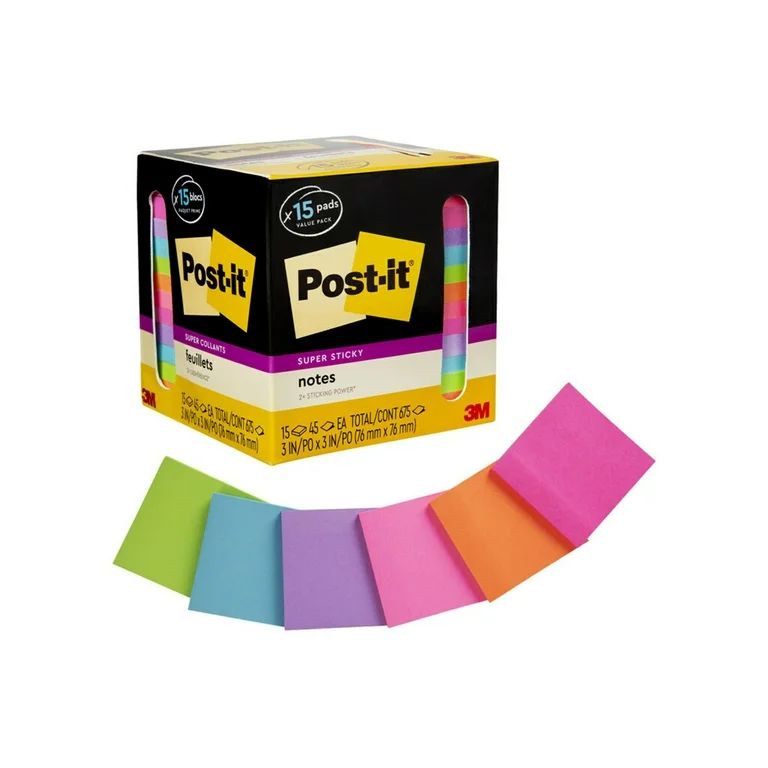 Post-it Super Sticky Notes, 3 in x 3 in, Assorted Bright Colors, 15 Pads | Walmart (US)