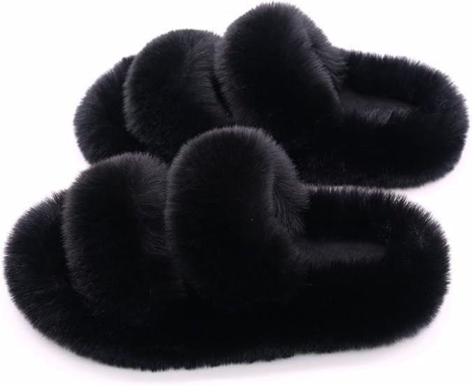 Women's Fuzzy Fluffy Furry Fur Slippers Flip Flop Winter Warm Cozy House Memory Foam Sandals Slid... | Amazon (US)