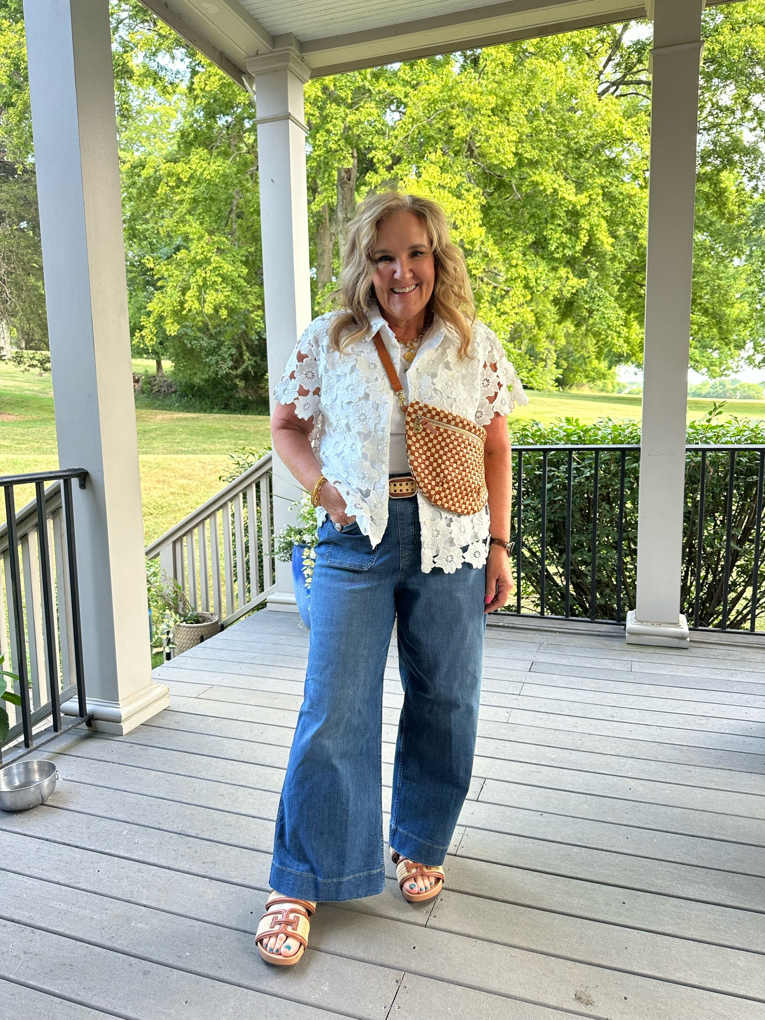 Only size large remains on this blouse. Do not wait. It’s so good. I’m wearing a large. 

Jeans were your larger size. I’m in the XL. 10% off and free shipping code NANETTEXSPANX 

Love it ClareV. It’s a lovely woven leather  

#LTKOver40 #LTKMidsize #LTKStyleTip