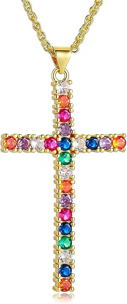 HZMAN Cross Necklace for Women, 14K Gold Plated Brass Cross Pendant with Crystal Inlay, 23 Inch C... | Amazon (US)