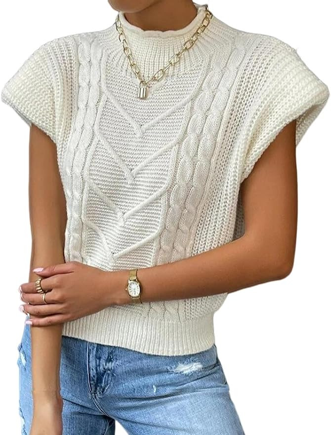 Yimoon Women’s Sweater Vest Top Sleeveless Cable Knit Mock Neck Sweater Tank Short Sleeve Shoul... | Amazon (US)