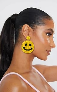 Beaded Smile Statement Drop Earrings - Cute Happy Face Dangle Fun Summer Jewelry Gift | Amazon (US)