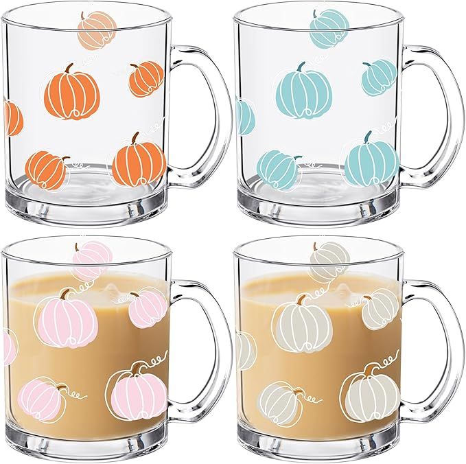 4 PCS 12oz Fall Glass Coffee Mugs with Handle Pumpkin Mug Pumpkin Coffee Cups Autumn Harvest Drin... | Amazon (US)